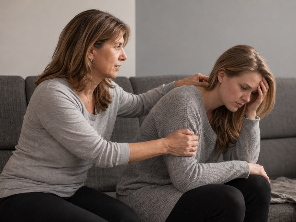 Older woman comforts a younger woman on a grey sofa; the younger looks upset and rests her head on her hand.